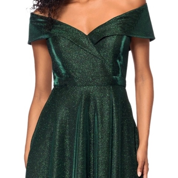 camille la vie off shoulder prom dress, dark green, glittery, full length size 4